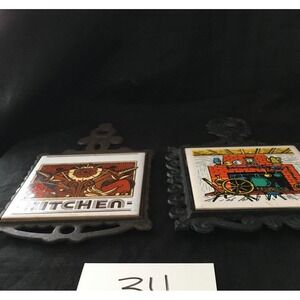 Set‎ of 2 CHERRY cast iron vintage screen printed and cast  iron trivet
